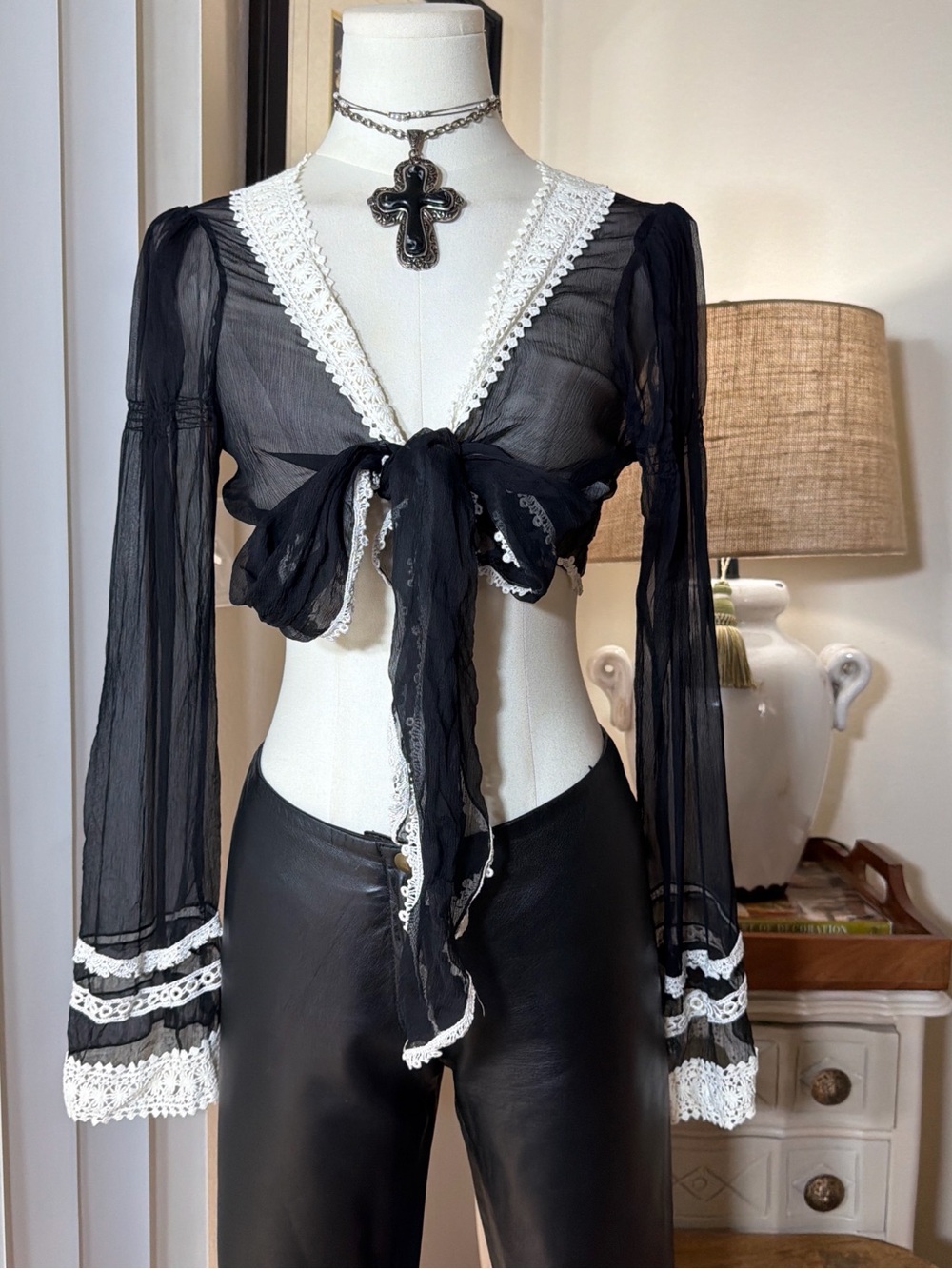 Y2K Bebe Black Sheer Tie-Front Crop Blouse with White Lace Trim